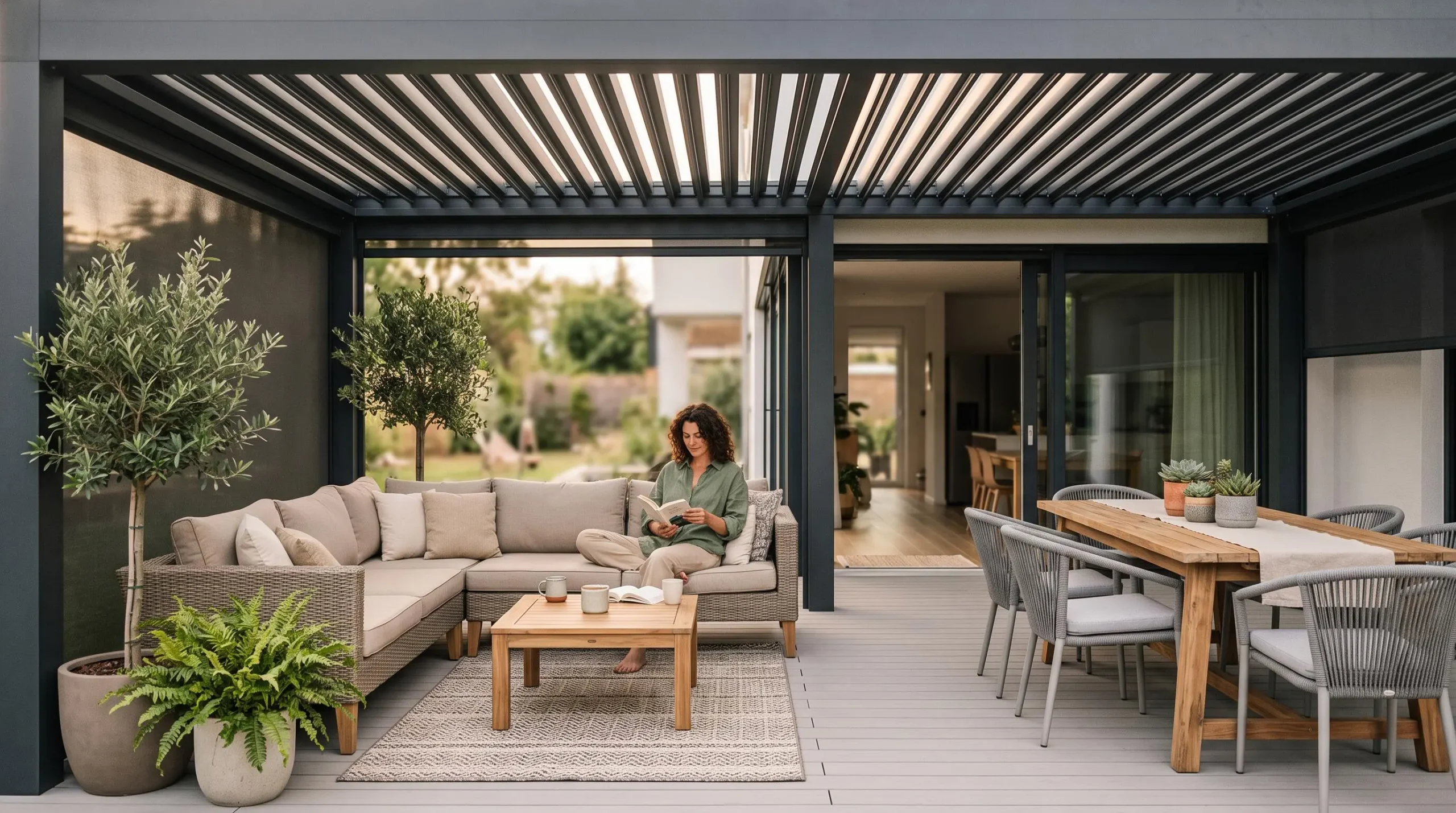 Espace de vie aménagé sous une pergola bioclimatique avec mobilier de jardin contemporain et lumière naturelle filtrée