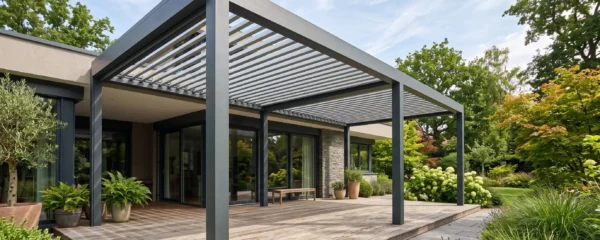 Pergola bioclimatique moderne en aluminium de 8x4m installée sur une terrasse résidentielle avec lames orientables