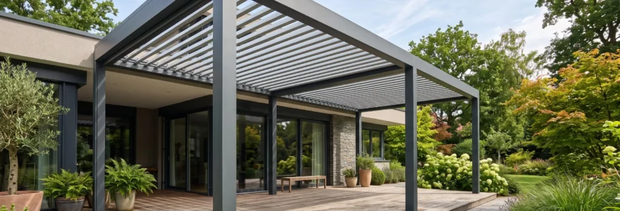 Pergola bioclimatique moderne en aluminium de 8x4m installée sur une terrasse résidentielle avec lames orientables